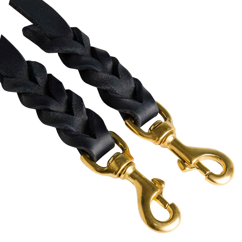 Braided Leather Dog Coupler with Brass Snap Hooks
