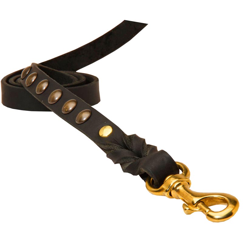 Leather Dog Leash Studded Equipped with Strong Brass Snap Hook for Dog